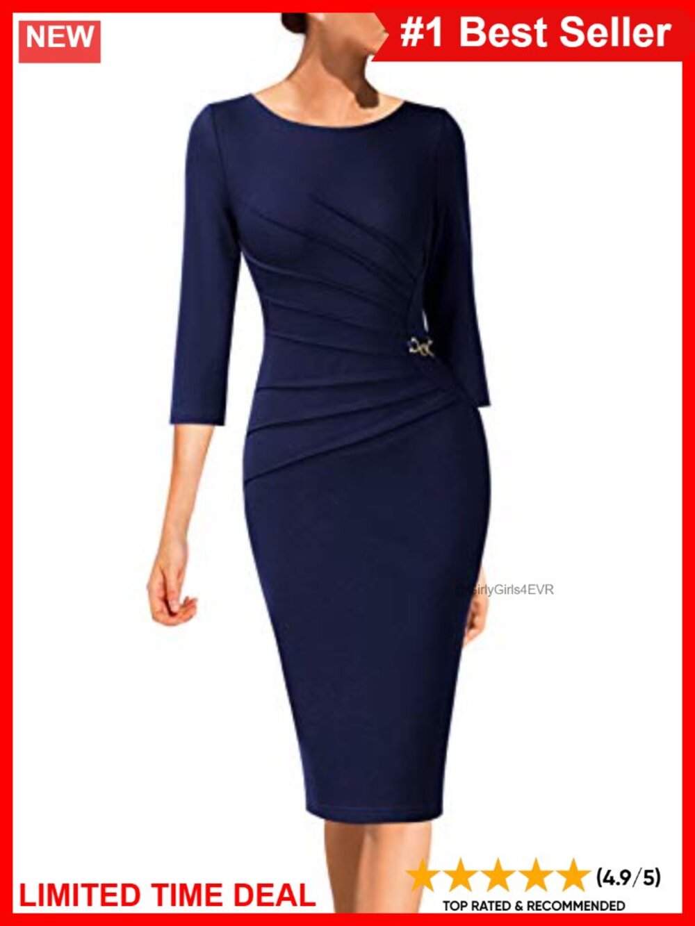 Ruched Slim Bodycon Sheath Work Office Business Casual Dress 3/4 Sleeve